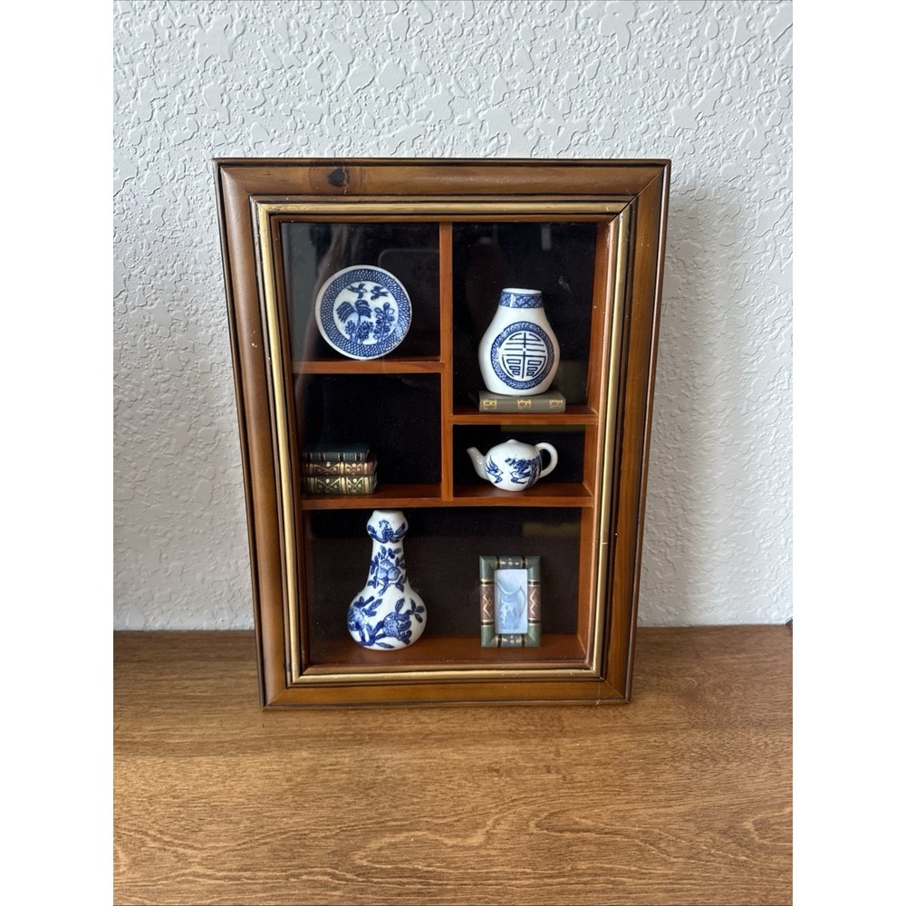 Vintage Oriental Wood Shadowbox Miniature Cobalt Blue & White porcelain Trinket